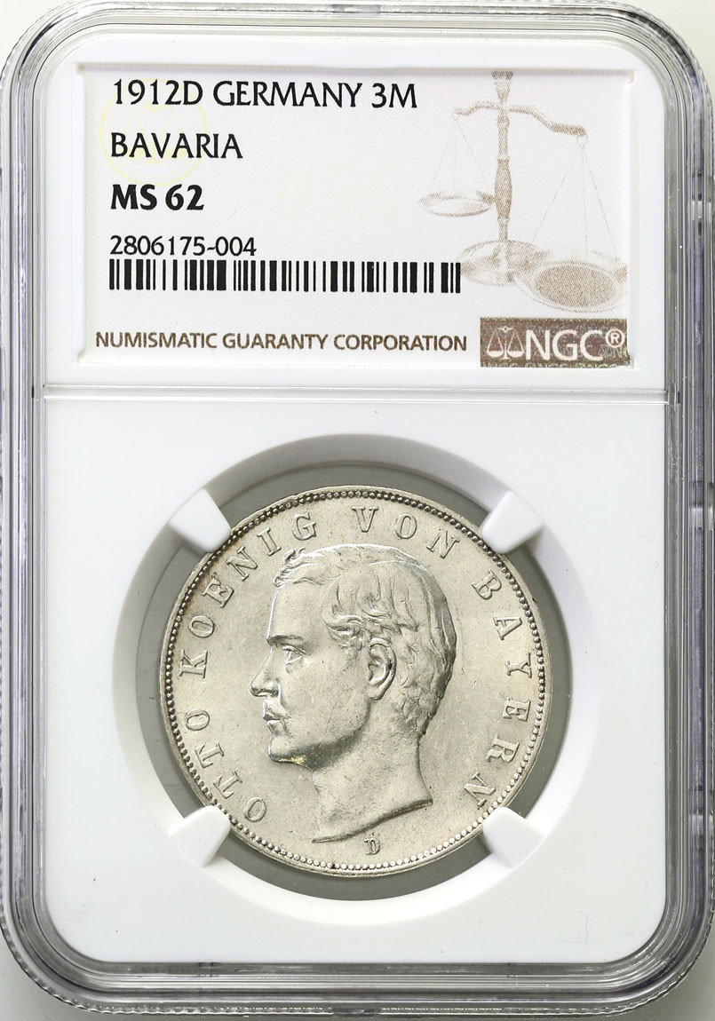 Niemcy, Bawaria. 3 marki 1912, Monachium NGC MS62